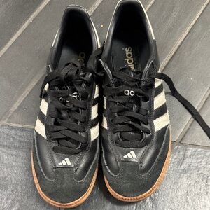 Adidas Men's Black Sneakers with White Stripes and Brown Sole